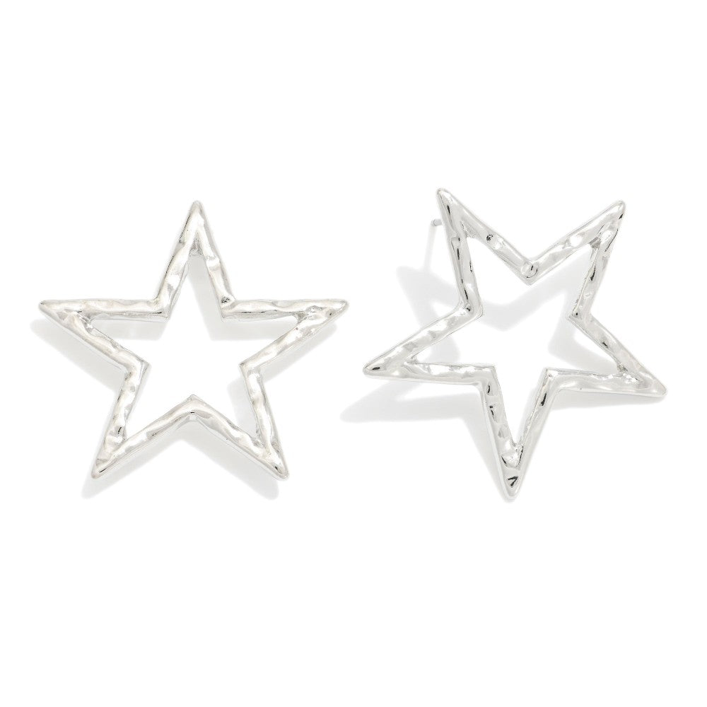 Hammered Metal Hollow Star Drop Earrings - SILVER