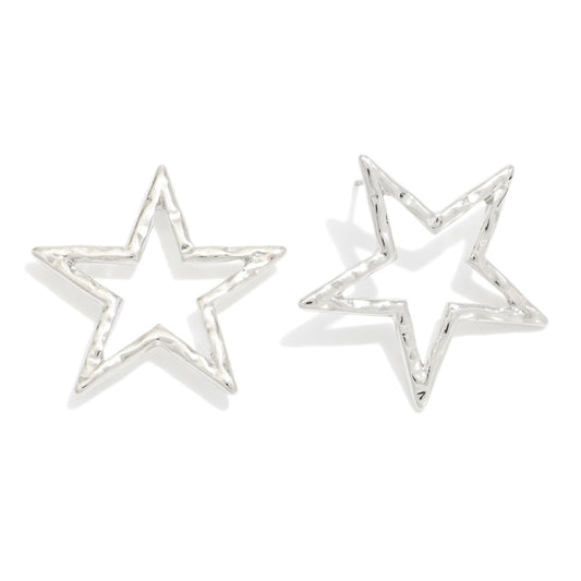 Hammered Metal Hollow Star Drop Earrings - SILVER