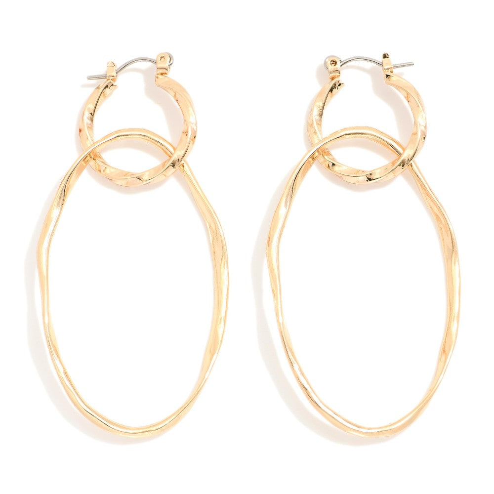 Metal Tone Linked Twisted Hoop & Oval Drop Earrings
