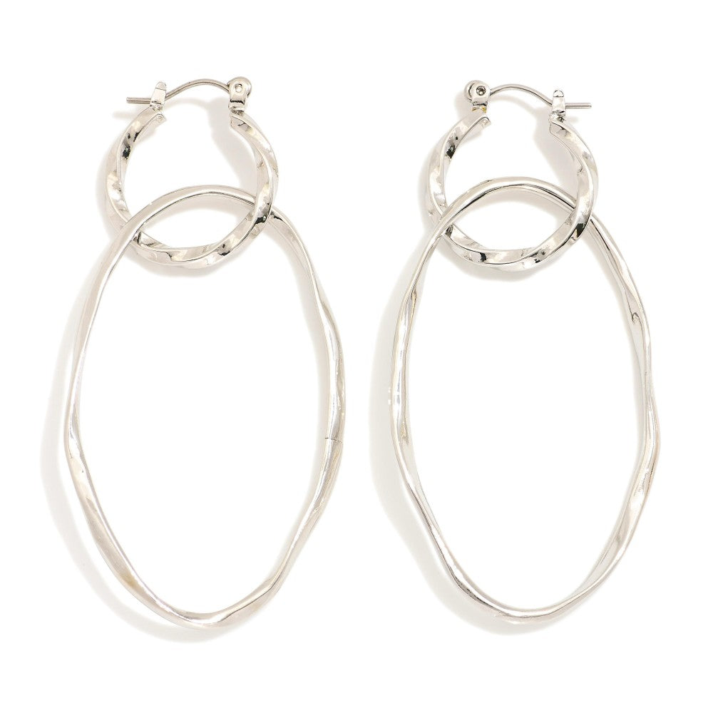 Metal Tone Linked Twisted Hoop & Oval Drop Earrings SILVER