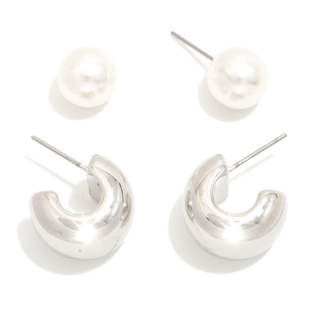 Set Of Two Pearl Stud & Metal Tone Chunky Hoop Earrings SILVER
