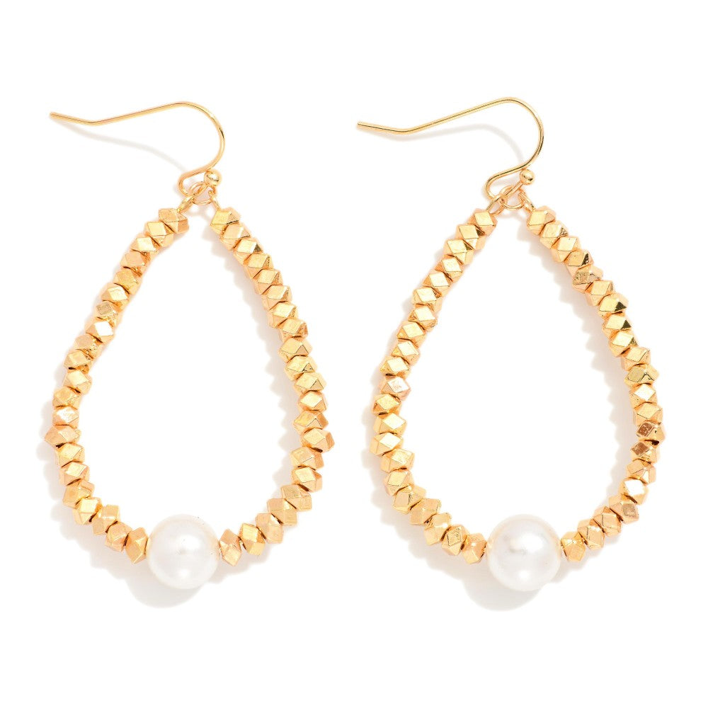 Metal Tone Geometric Shape Bead Beaded Teardrop Earrings Featuring Pearl Detail