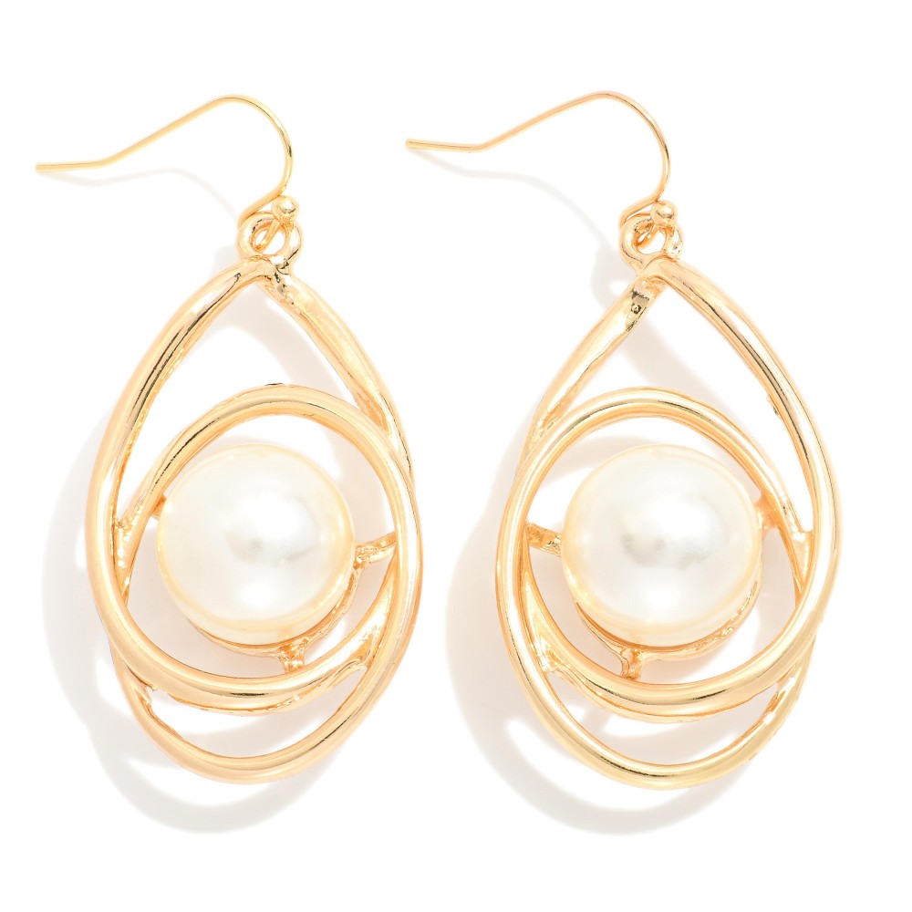Intertwined Metal Oval Drop Earrings With Nesting Pearl Detail