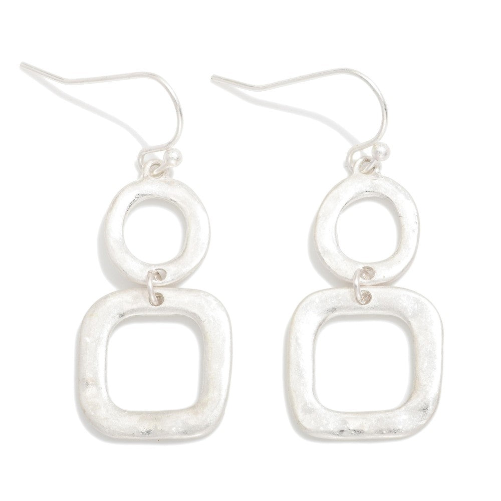Linked Hammered Metal Circle & Square Drop Earrings SILVER