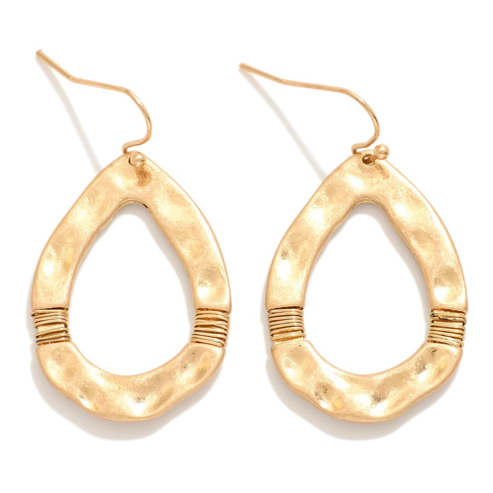 Hammered Metal Teardrop Drop Earrings Featuring Wrapped Wire Details