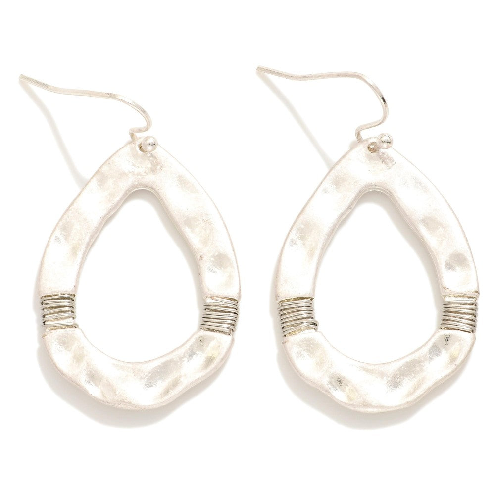 Hammered Metal Teardrop Drop Earrings Featuring Wrapped Wire Details SILVER