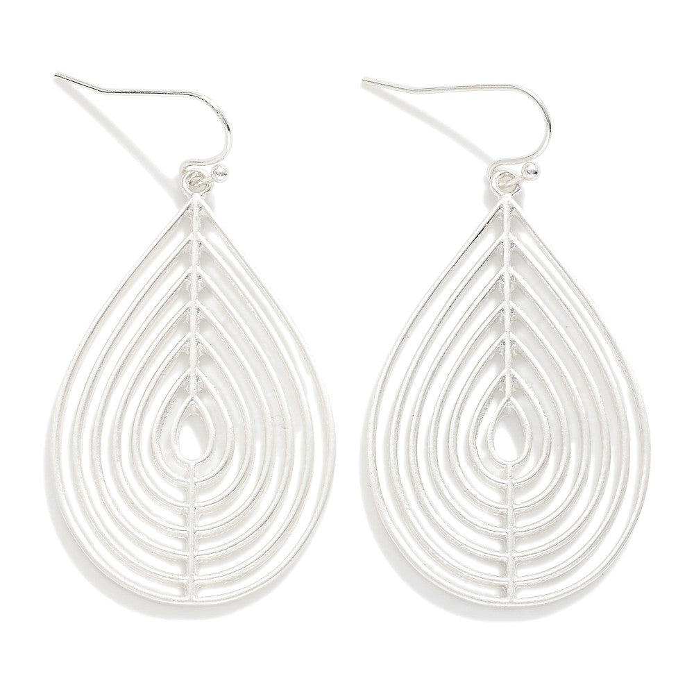 Metal Tone Teardrop Cut Out Drop Earrings SILVER