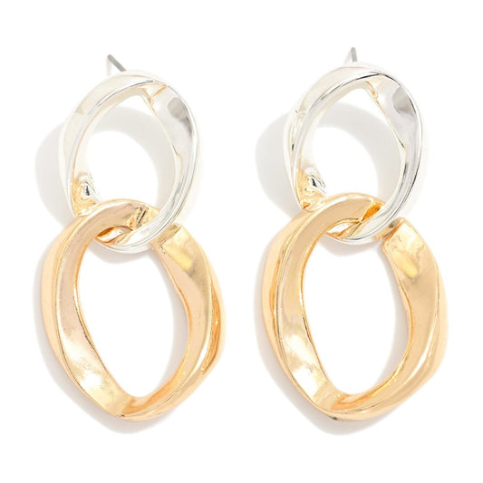Linked Irregular Metal Tone Hoop Drop Earrings - silver/gold