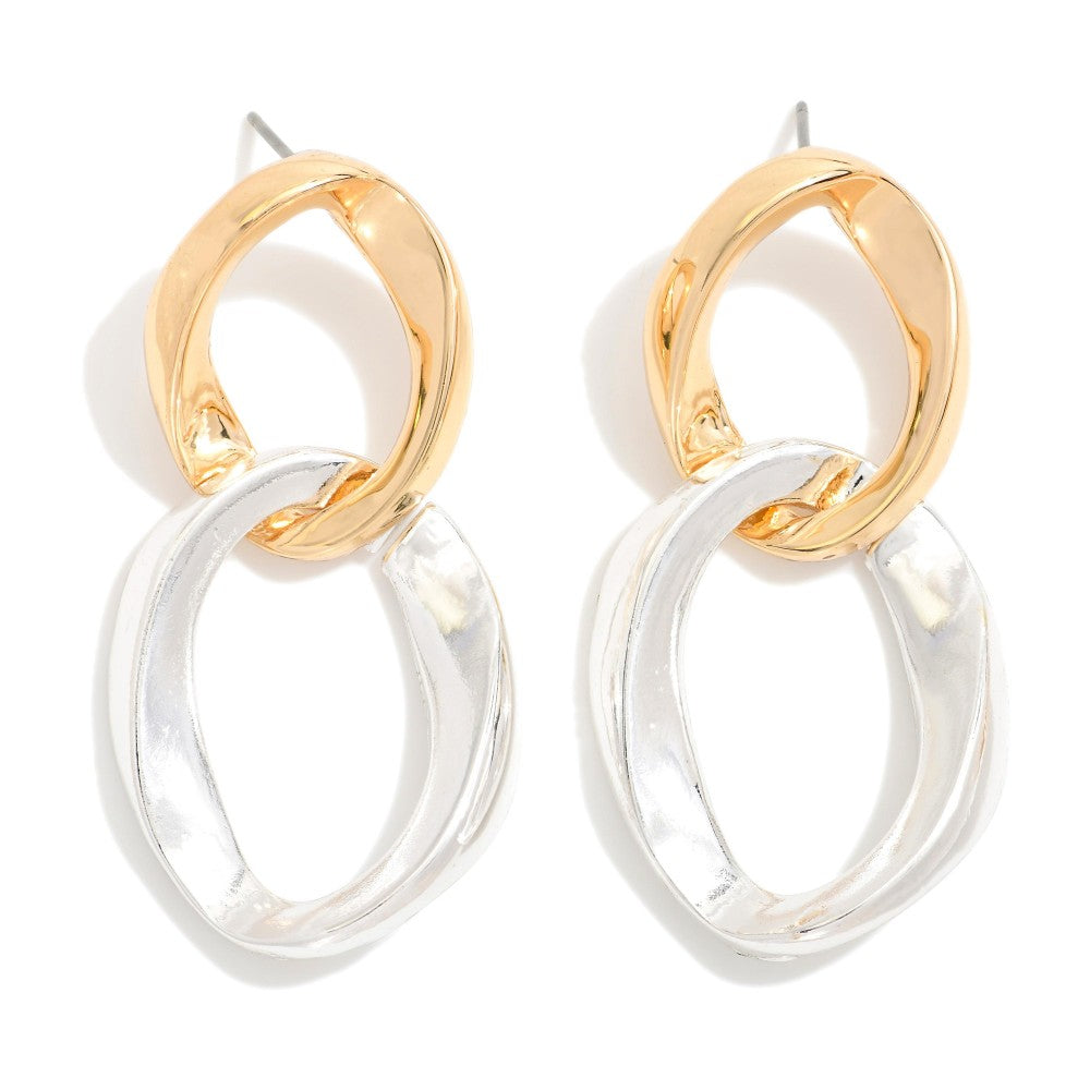 Linked Irregular Metal Tone Hoop Drop Earrings - gold/silver