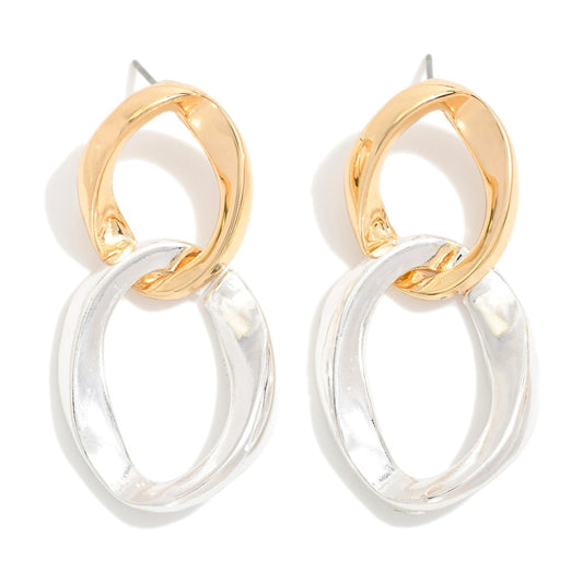 Linked Irregular Metal Tone Hoop Drop Earrings - gold/silver