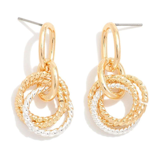 Metal Tone Linked Hoops Post Drop Earrings Featuring Intertwined Textured Metal Hoops Detail