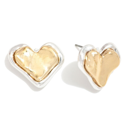 Layered Two Tone Textured Heart Post Drop Earrings