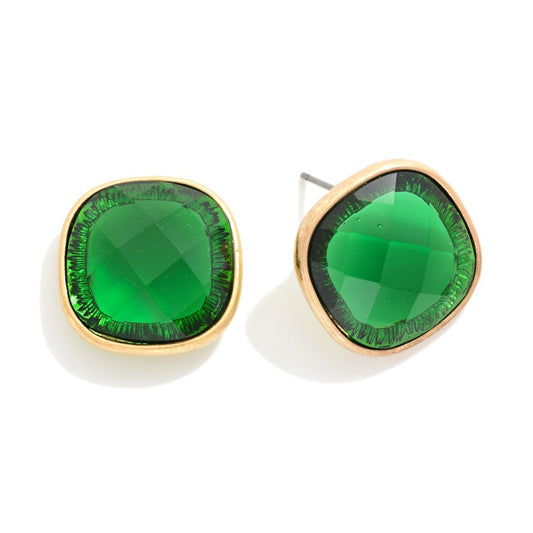 SQUARED GLASS CRYSTAL STUD EARRINGS - GREEN