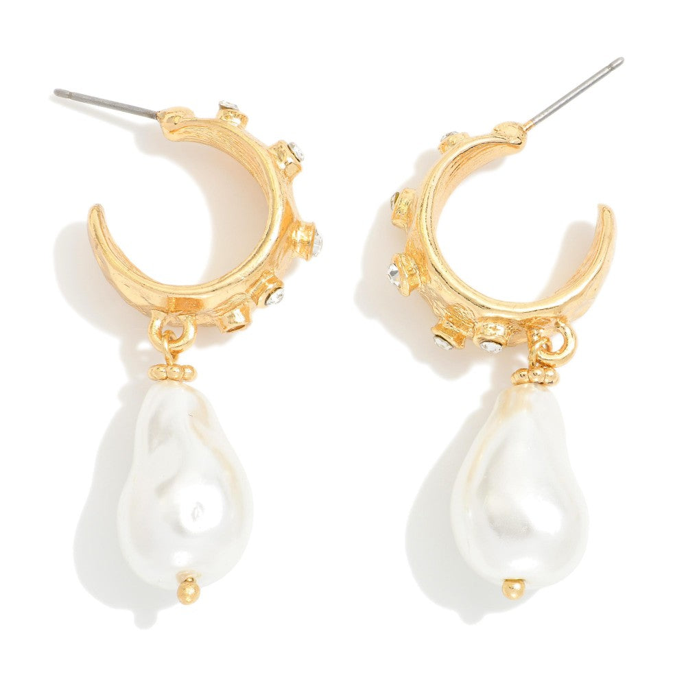 RHINESTONE STUDDED HOOP EARRINGS WITH PEARLS