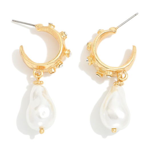 RHINESTONE STUDDED HOOP EARRINGS WITH PEARLS