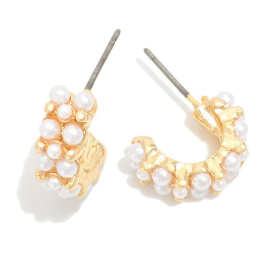 PEARL STUDDED HALF HOOP EARRINGS - GOLD