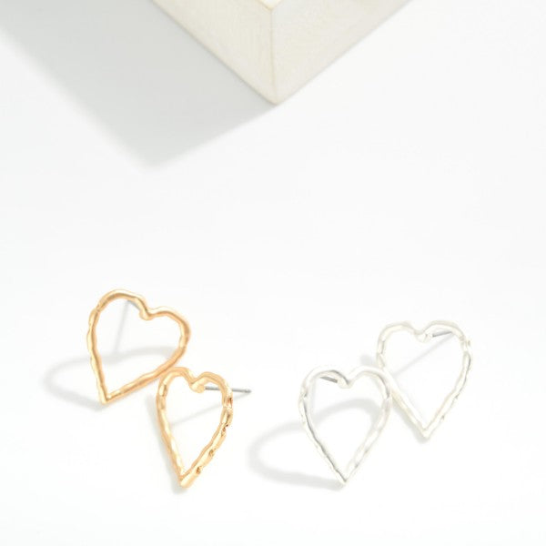 Hammered Metal Heart Post Drop Earrings