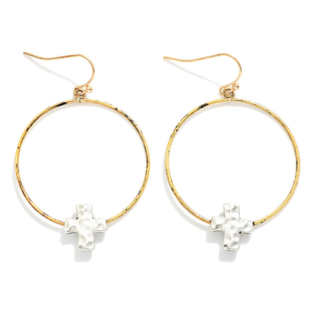 Metal Hoop with Cross Earrings - Gold/Silver
