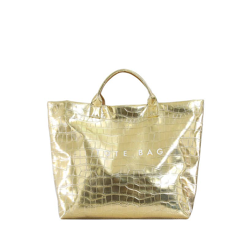 Crocodile Embossed Tote Bag Velcro Waterproof Beach Bag Gold
