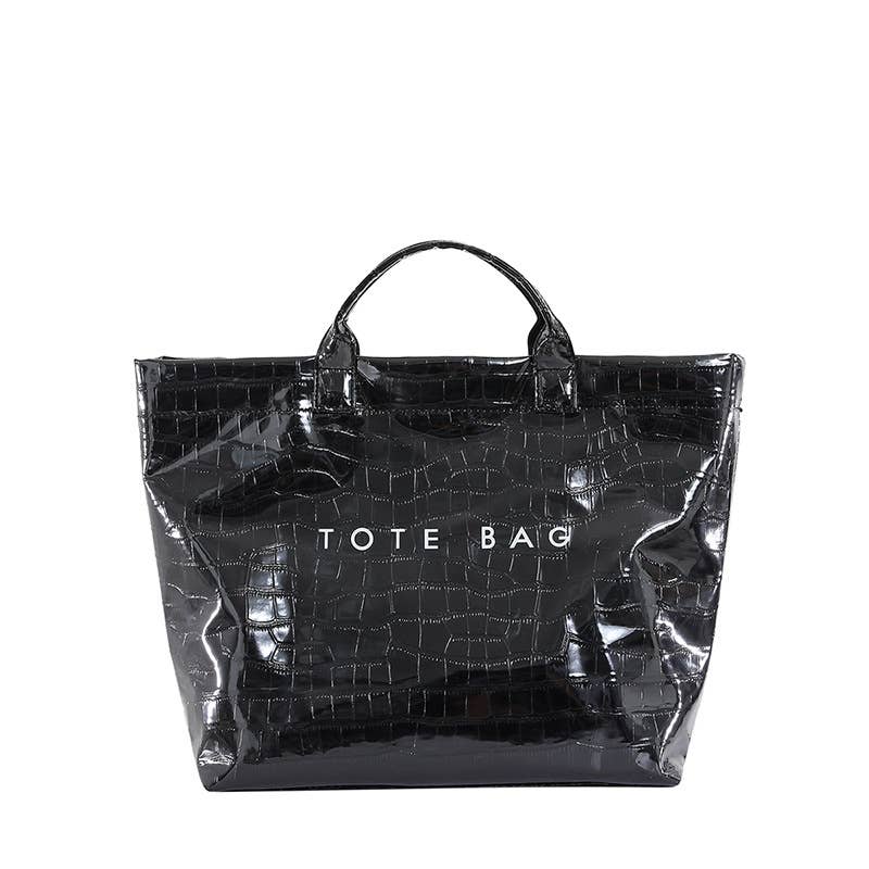 Crocodile Embossed Tote Bag PVC Handbag: Black / M