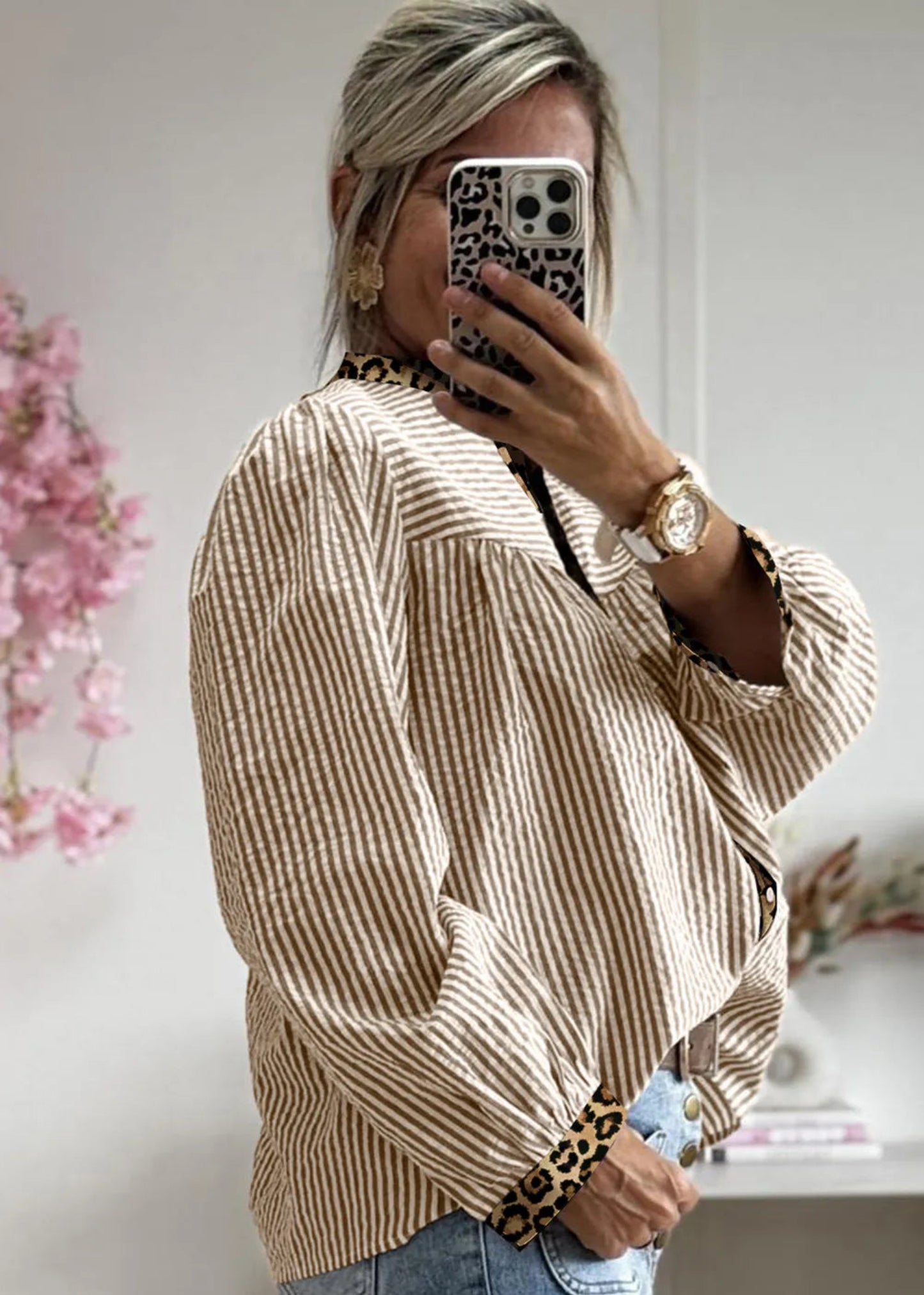 AMY TOP - BROWN STRIPE LEOPARD PATCHWORK