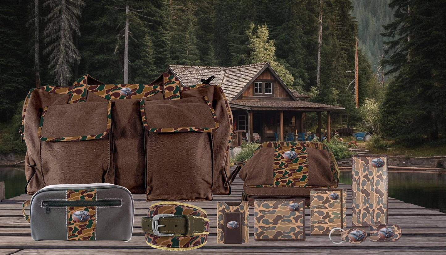 Brown Old School Camo Leather Key Fob. Bass, Lab, Deer, Mallard, Turkey, Shot Shell, USA Flag