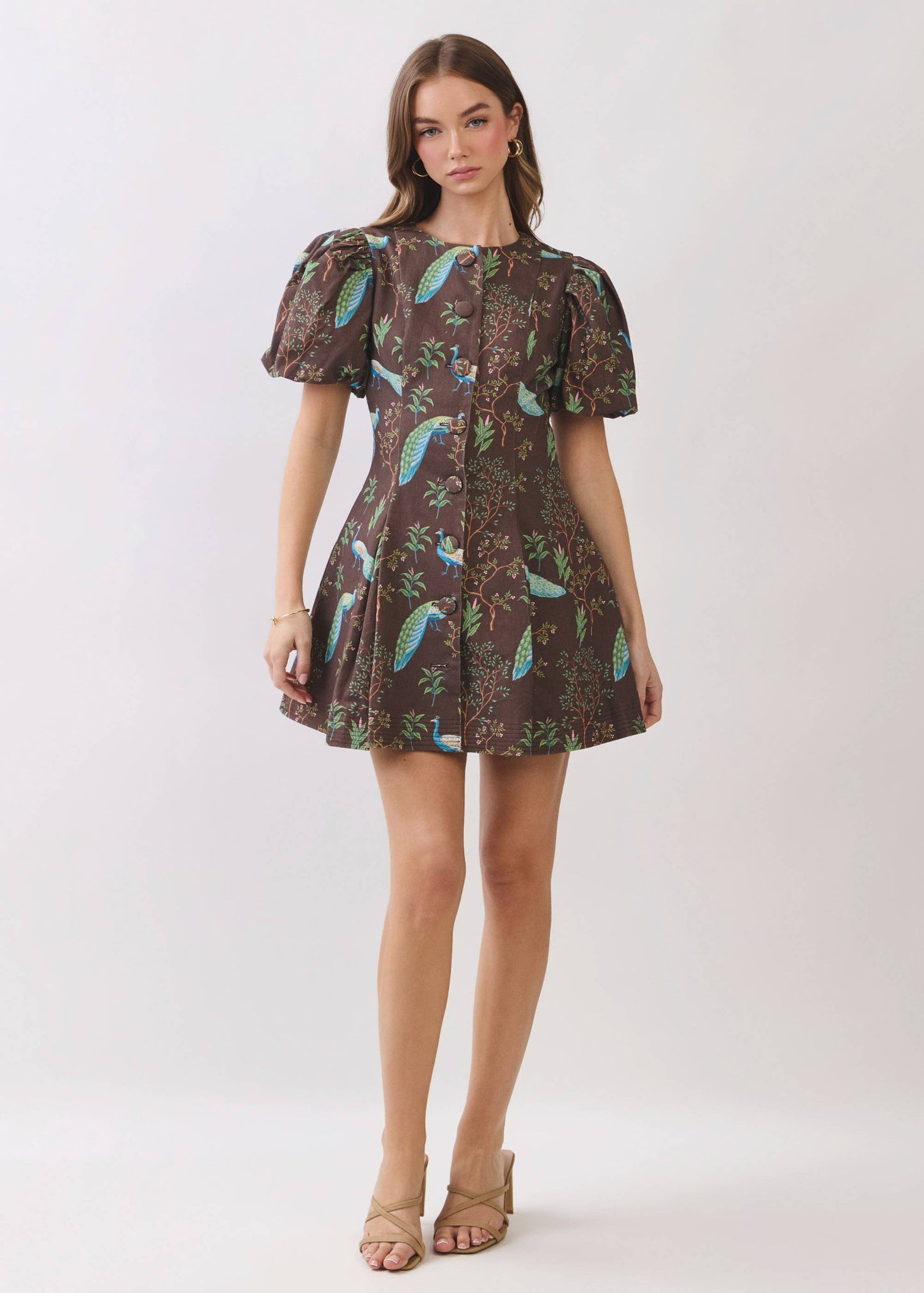 Peacock Print Puff Sleeve Button Down Mini Dress