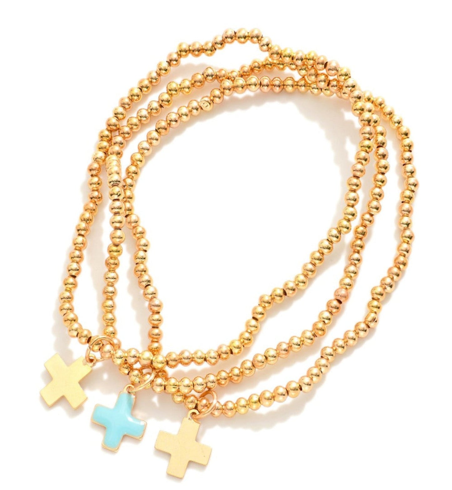 Set Of Three Metal Tone Beaded Stretch Bracelets Featuring Enamel Plus Crosses: Aqua