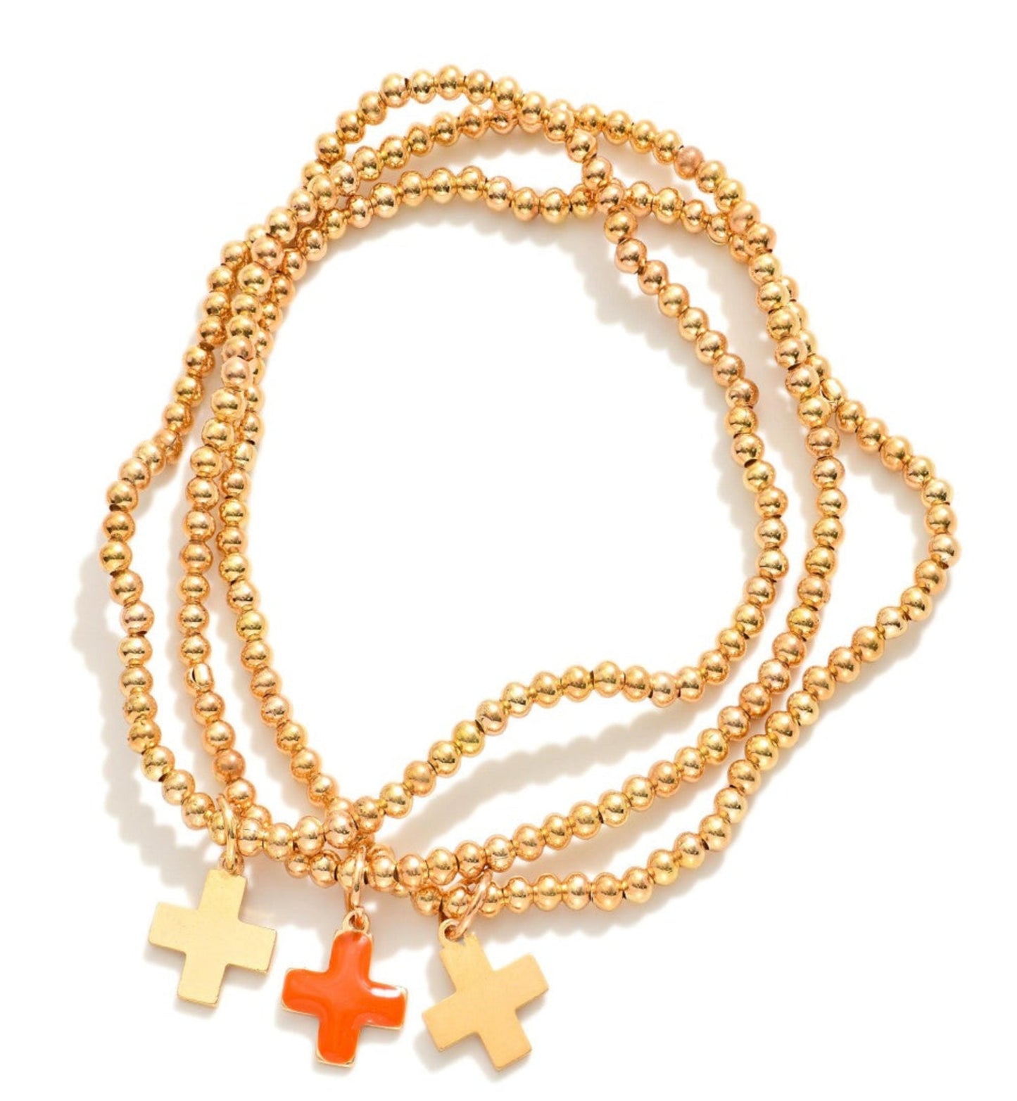 Set Of Three Metal Tone Beaded Stretch Bracelets Featuring Enamel Plus Crosses: Orange