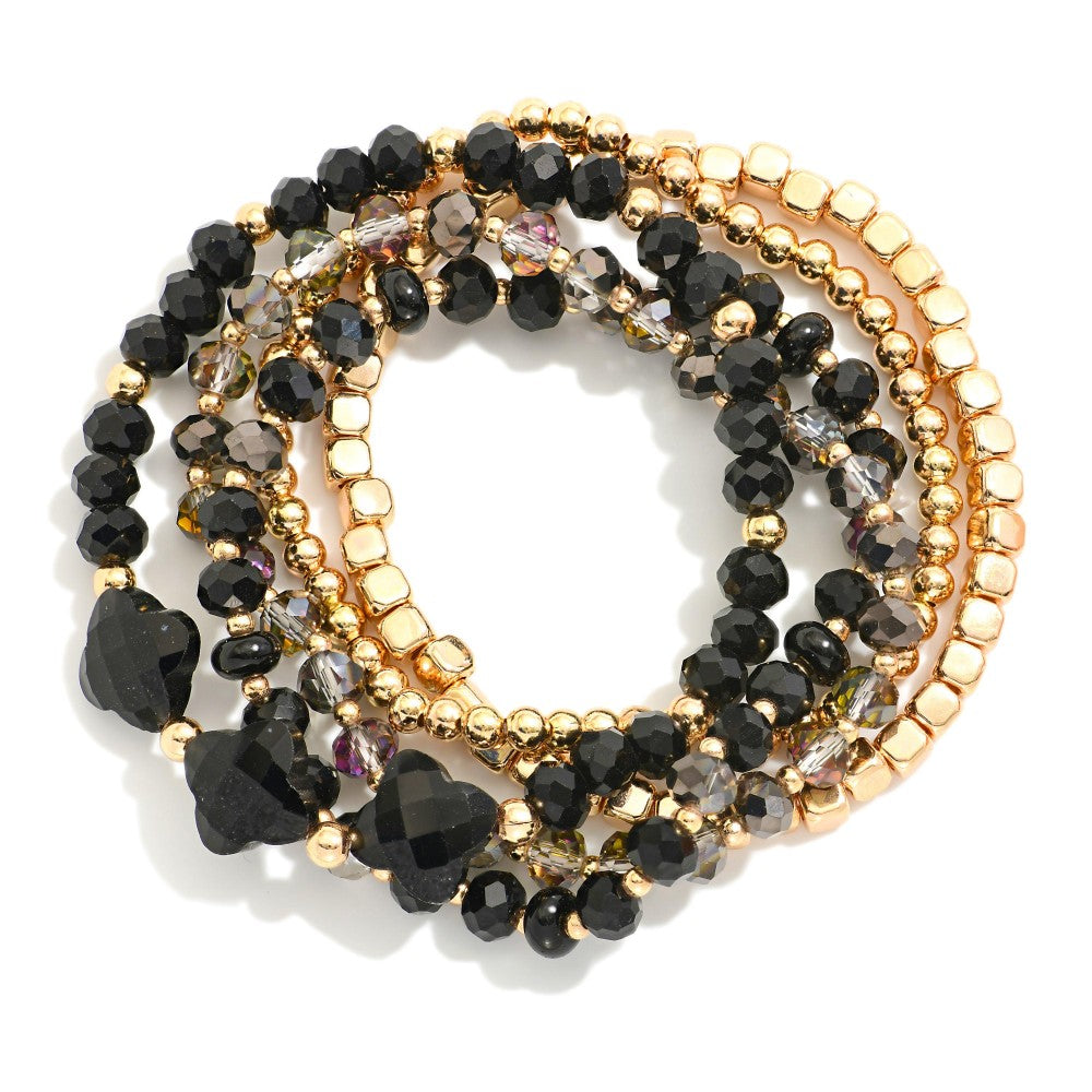 Set Of Five Beaded Stretch Bracelets Featuring Faceted Beads, Metal Tones, & Stone Clovers