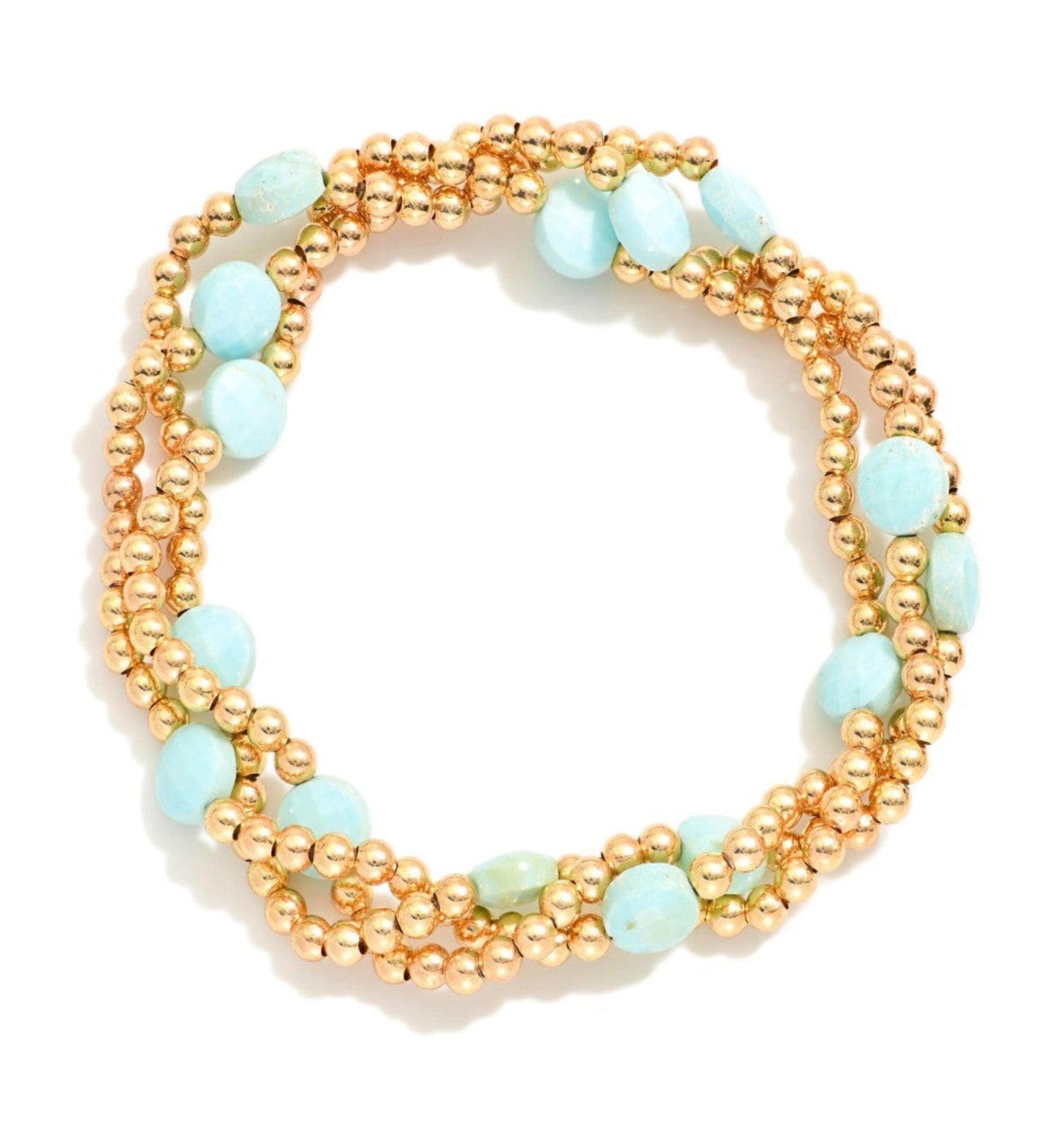 Metal Tone Beaded Stretch Bracelets Featuring Faceted Stone Beads: Aqua