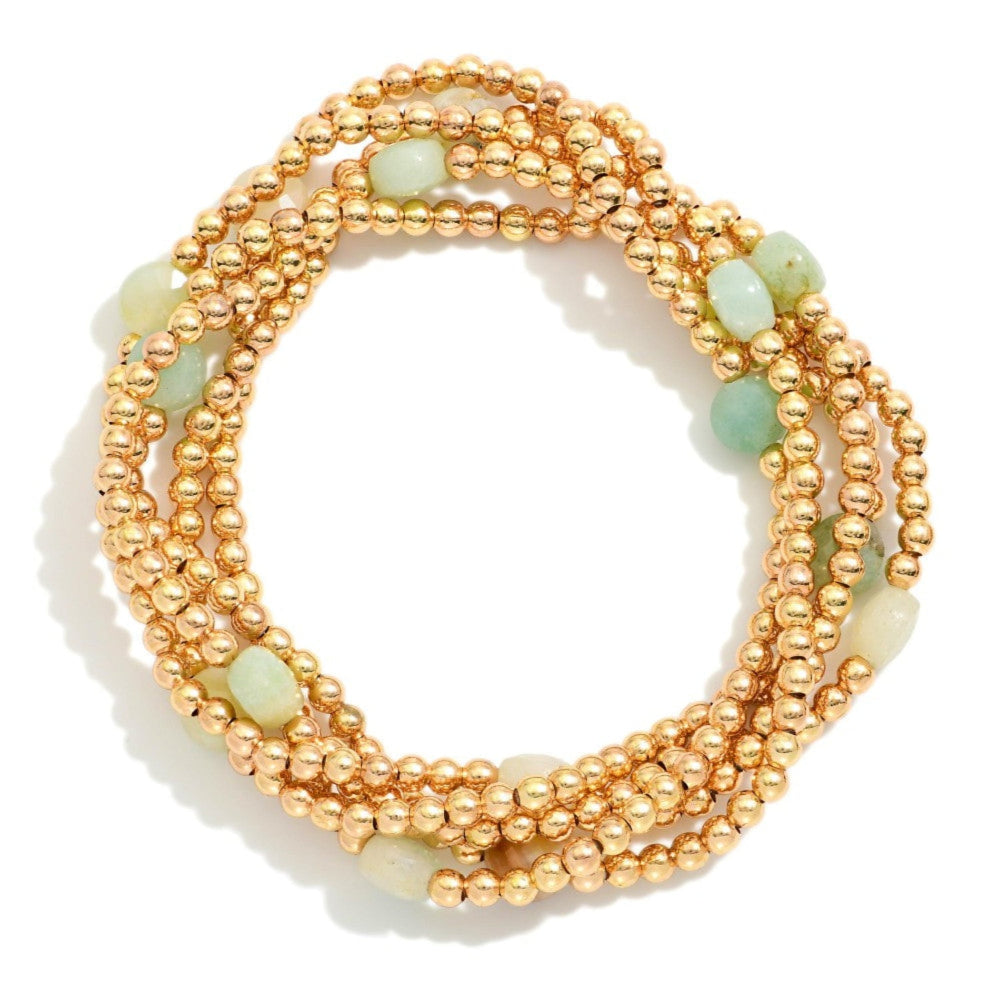 Set Of Five Metal Tone Beaded Stretch Bracelets Featuring Faceted Stone Beads: Amazonite