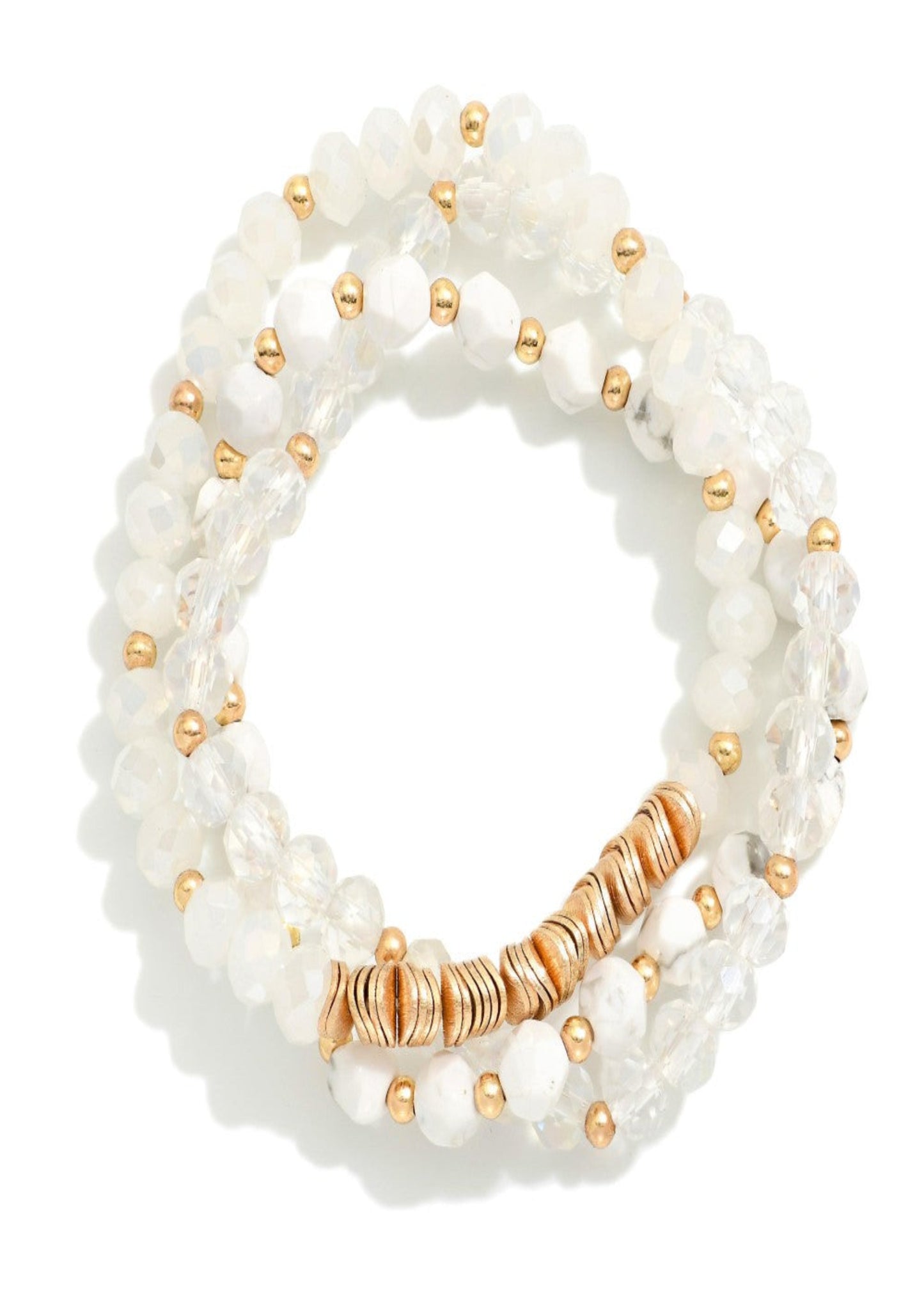 Set Of Thee Beaded Stretch Bracelets Featuring Metal Tone Disk & Faceted Stone Beads: White