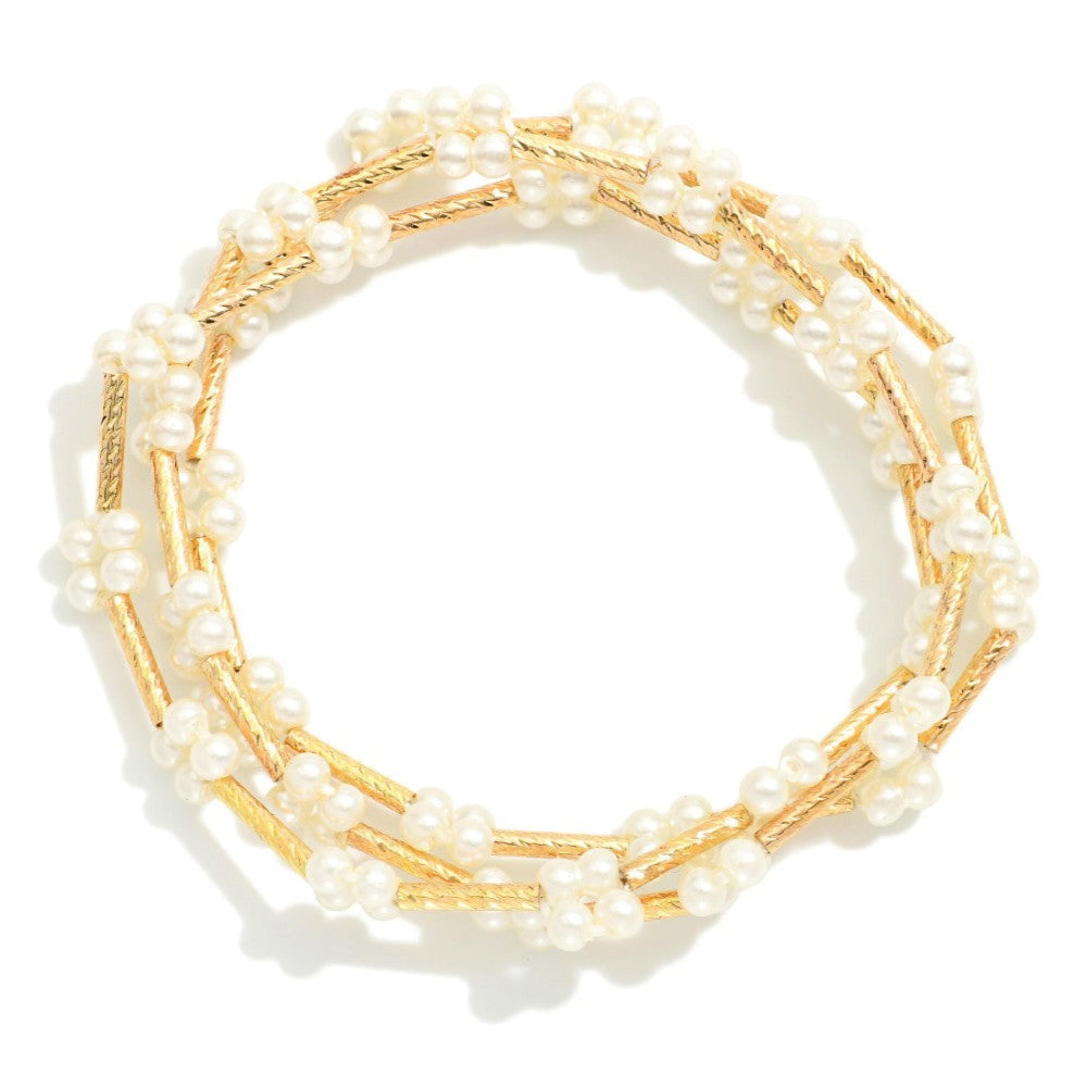 Set Of Three Beaded Stretch Bracelets Featuring Pearl Flowers & Textured Metal Bars
