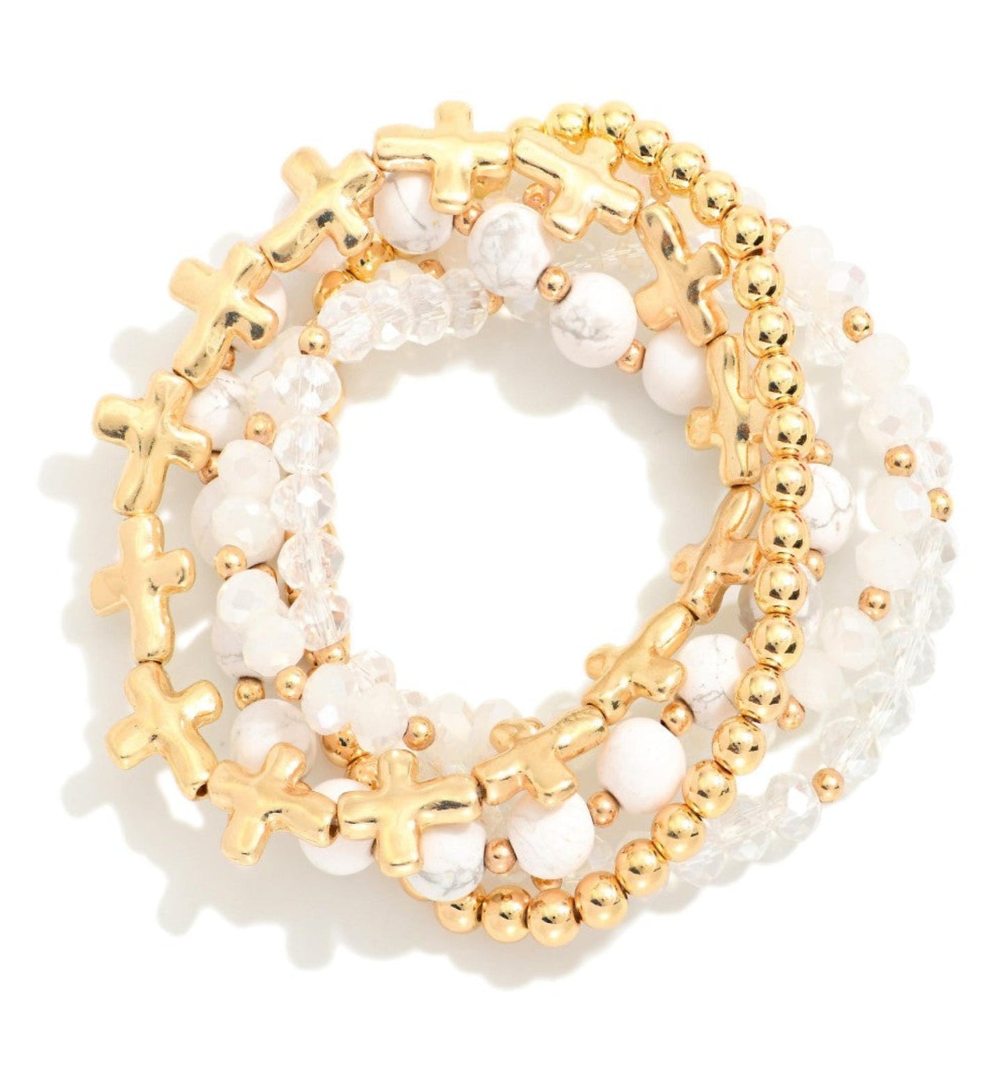 Set Of Five Beaded Stretch Bracelets Featuring Stone, Metal Tones, & East West Cross Beads: White