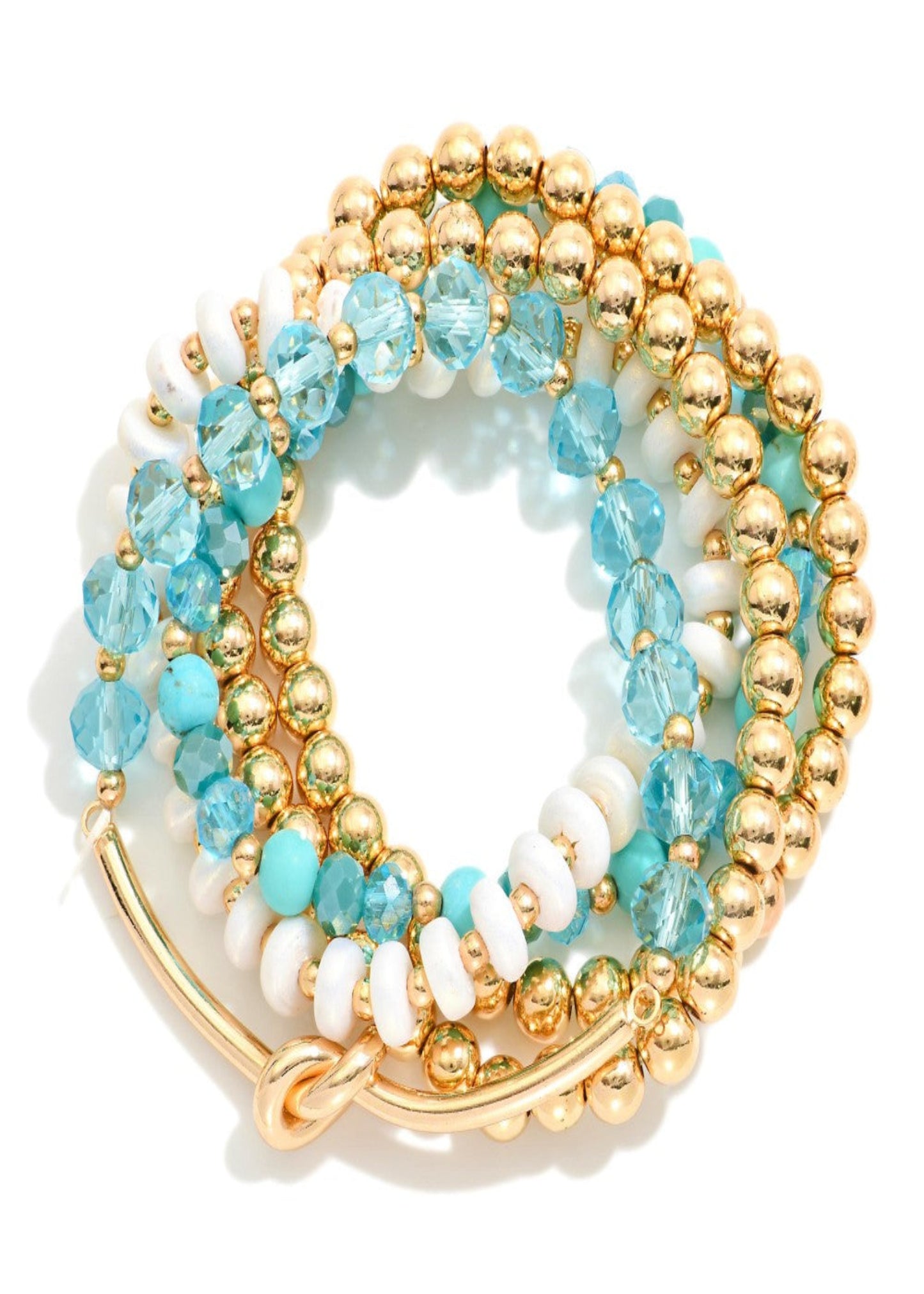 Set of Five Beaded Stretch Bracelets Featuring Glass Beads, Faceted Beads, and Gold Tone Noted Wire Tube Detail: Turquoise