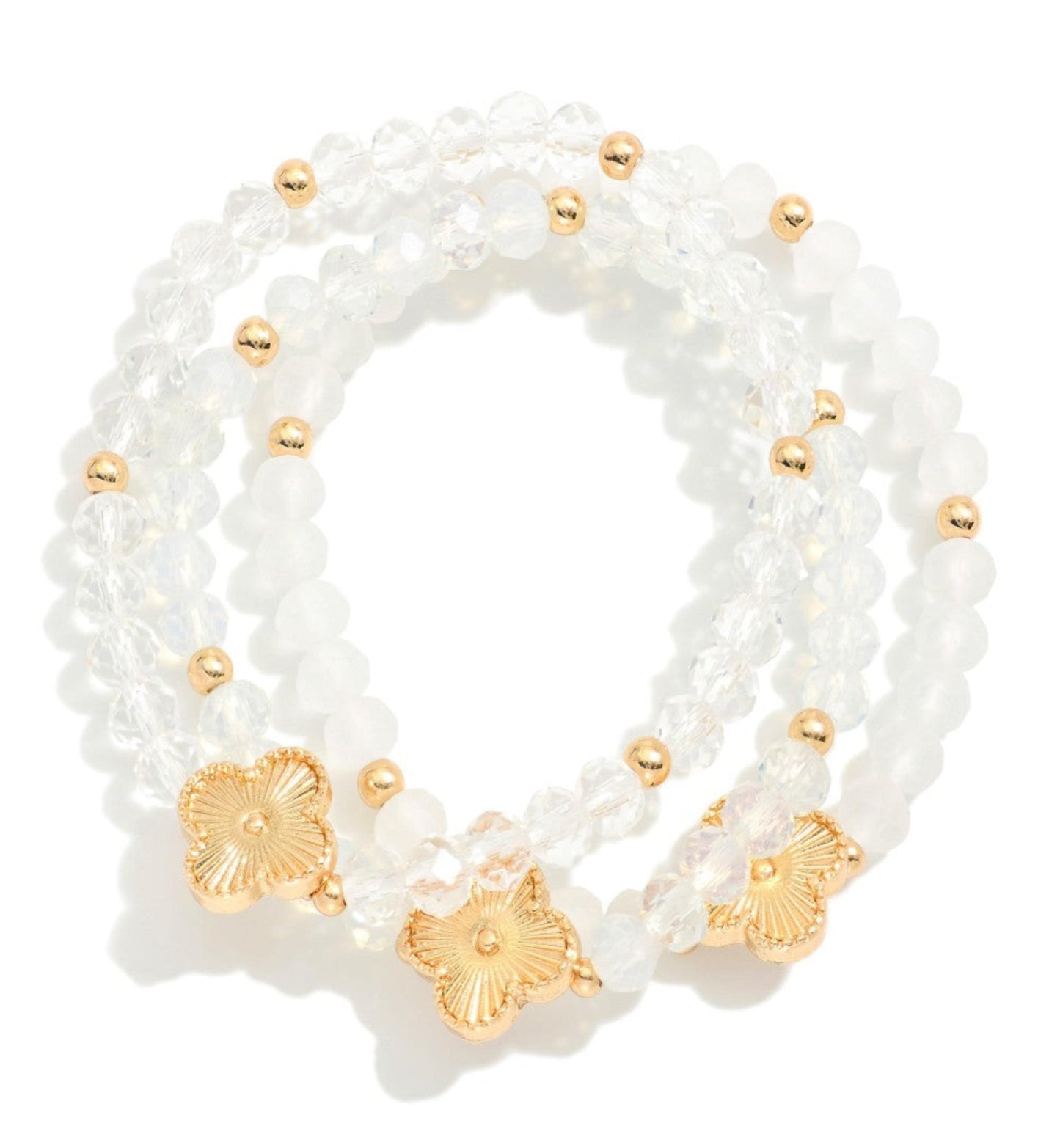 Set Of Three Beaded Stretch Bracelets Featuring Metal Tones, Faceted Beads, & Clover: Clear