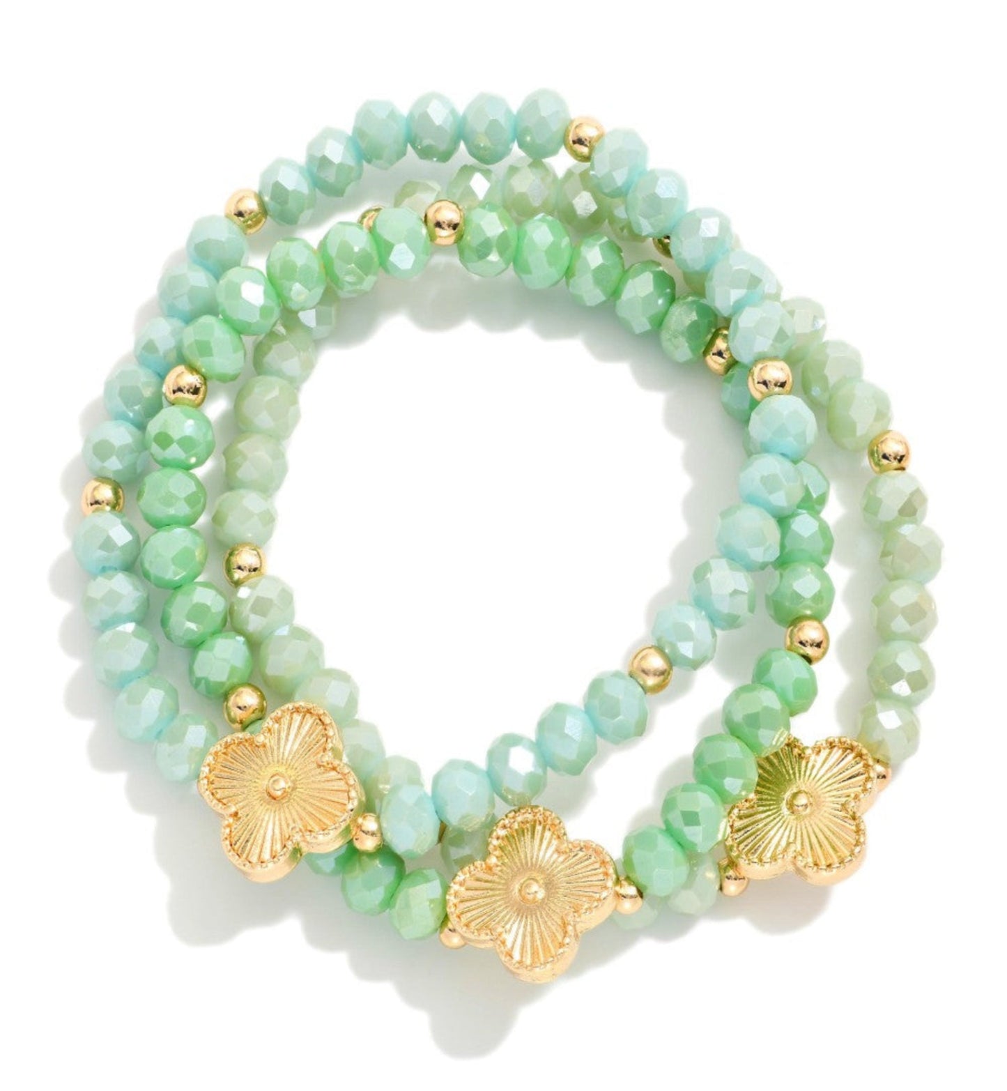 Set Of Three Beaded Stretch Bracelets Featuring Metal Tones, Faceted Beads, & Clover: Mint