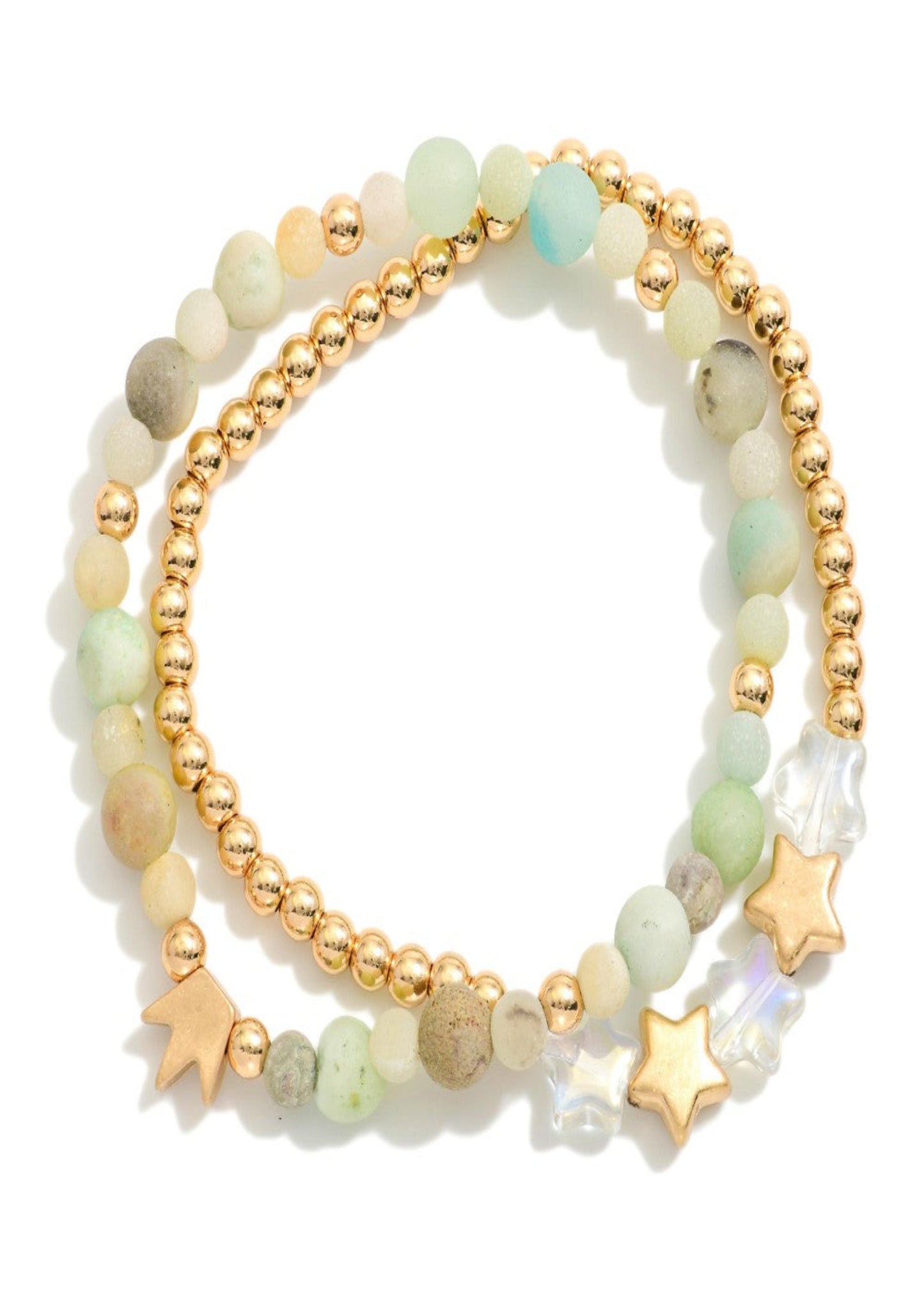 Set Of Two Beaded Stretch Bracelet Featuring Stone Beads & Star Beads: Mint