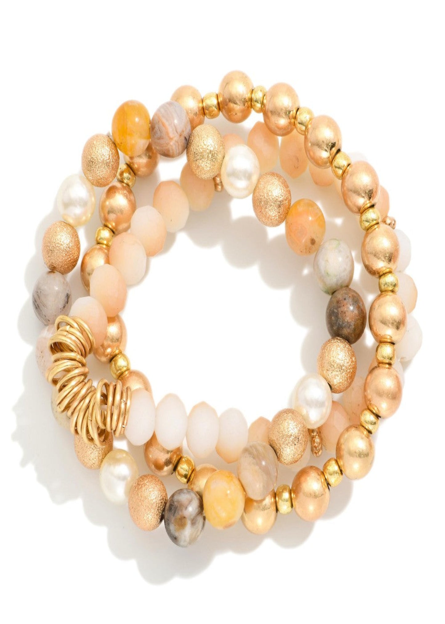 Set Of Three Beaded Stretch Bracelets Featuring Metal Tones, Glass Beads & Rings: Natural