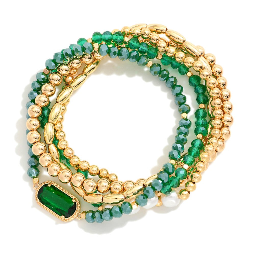 Set Of Five Beaded Stretch Bracelets Featuring Metal Tones, Faceted Beads, & Glass Crystal Accent