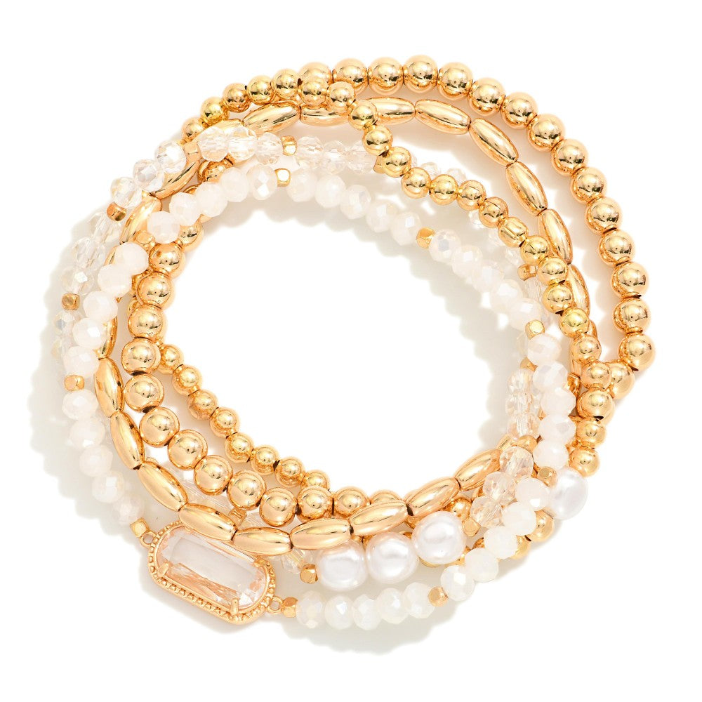 Set Of Five Beaded Stretch Bracelets Featuring Metal Tones, Faceted Beads, & Glass Crystal Accent