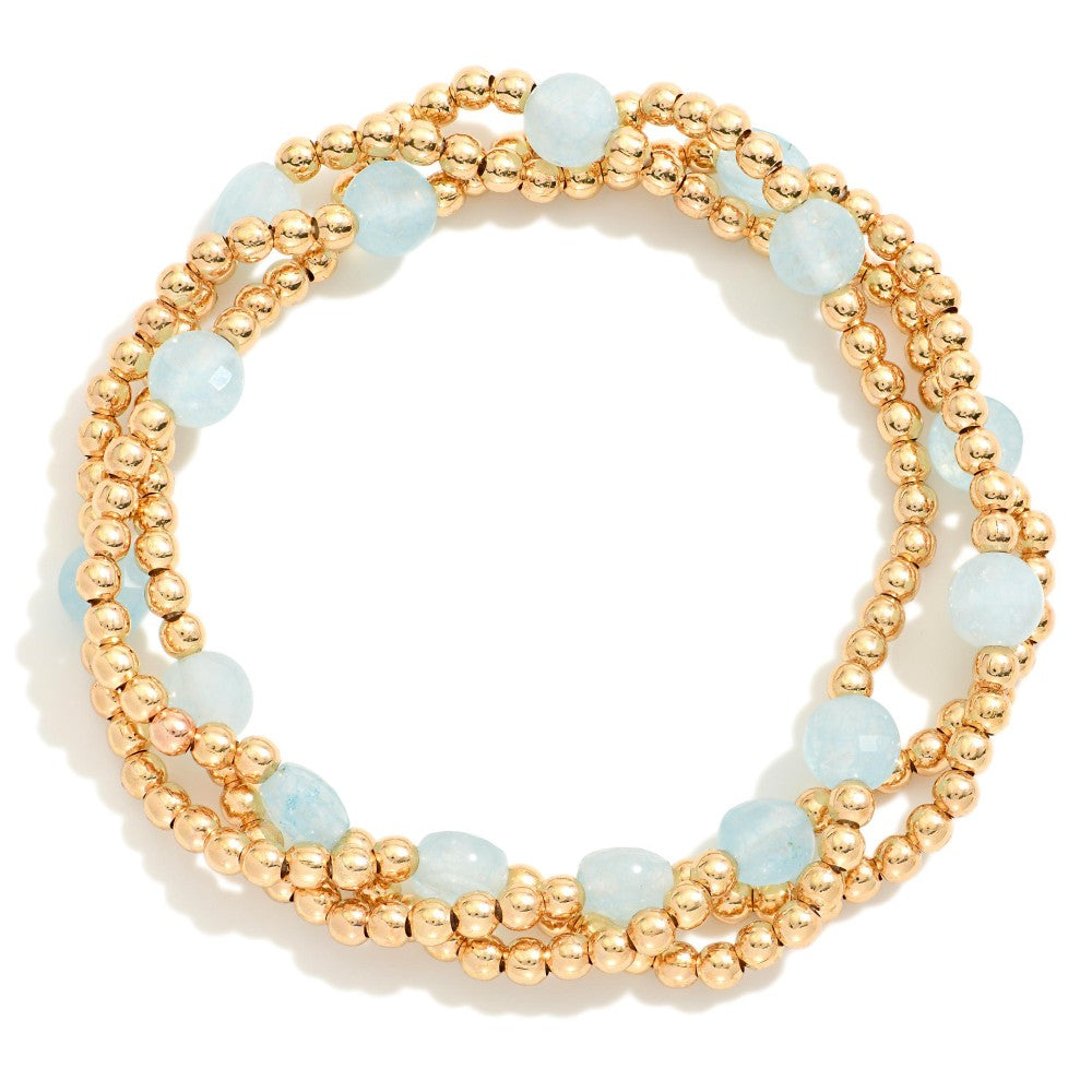 Metal Tone Beaded Stretch Bracelets Featuring Faceted Stone Beads