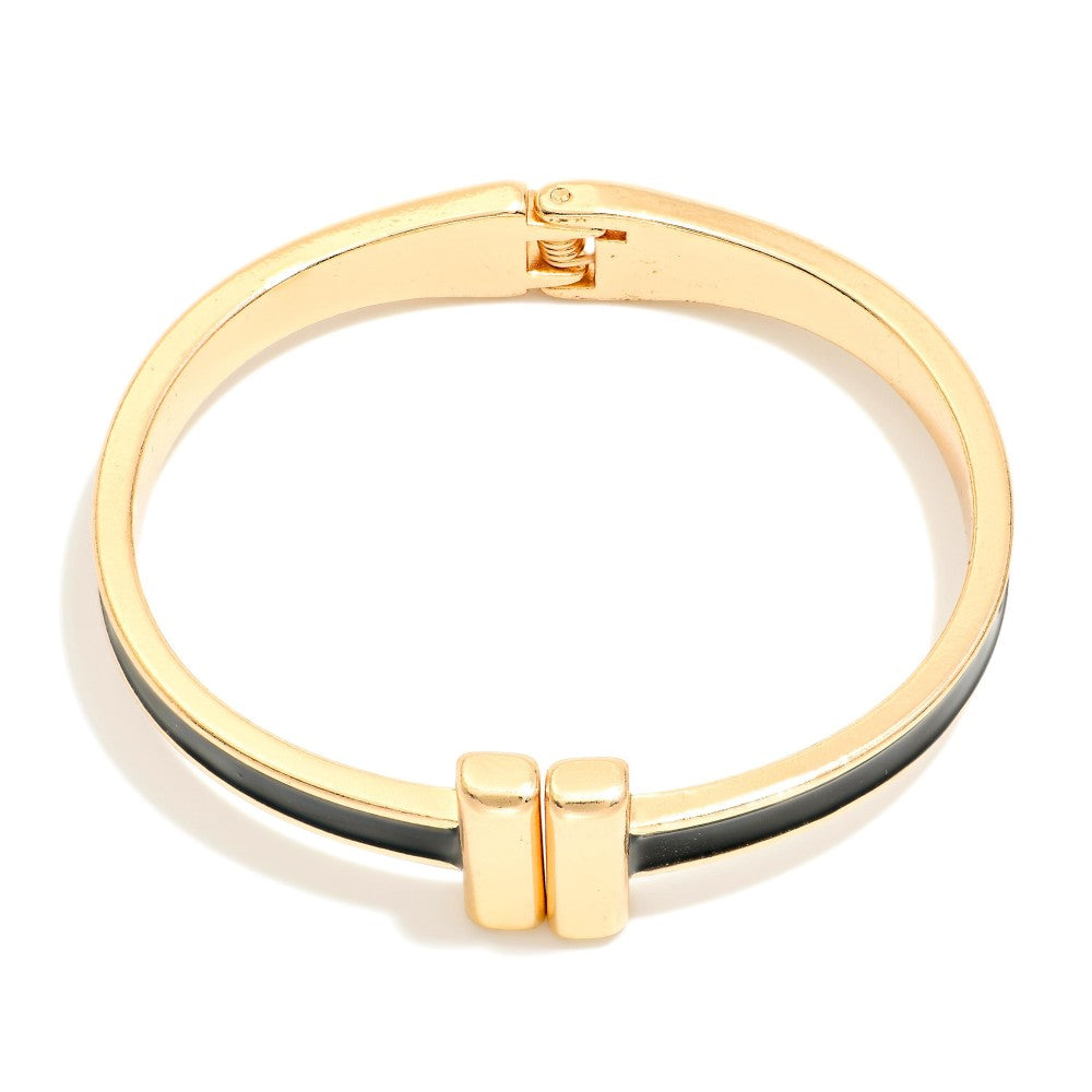 Metal Hinged Bangle Bracelet With Gold Tone Bar Closure