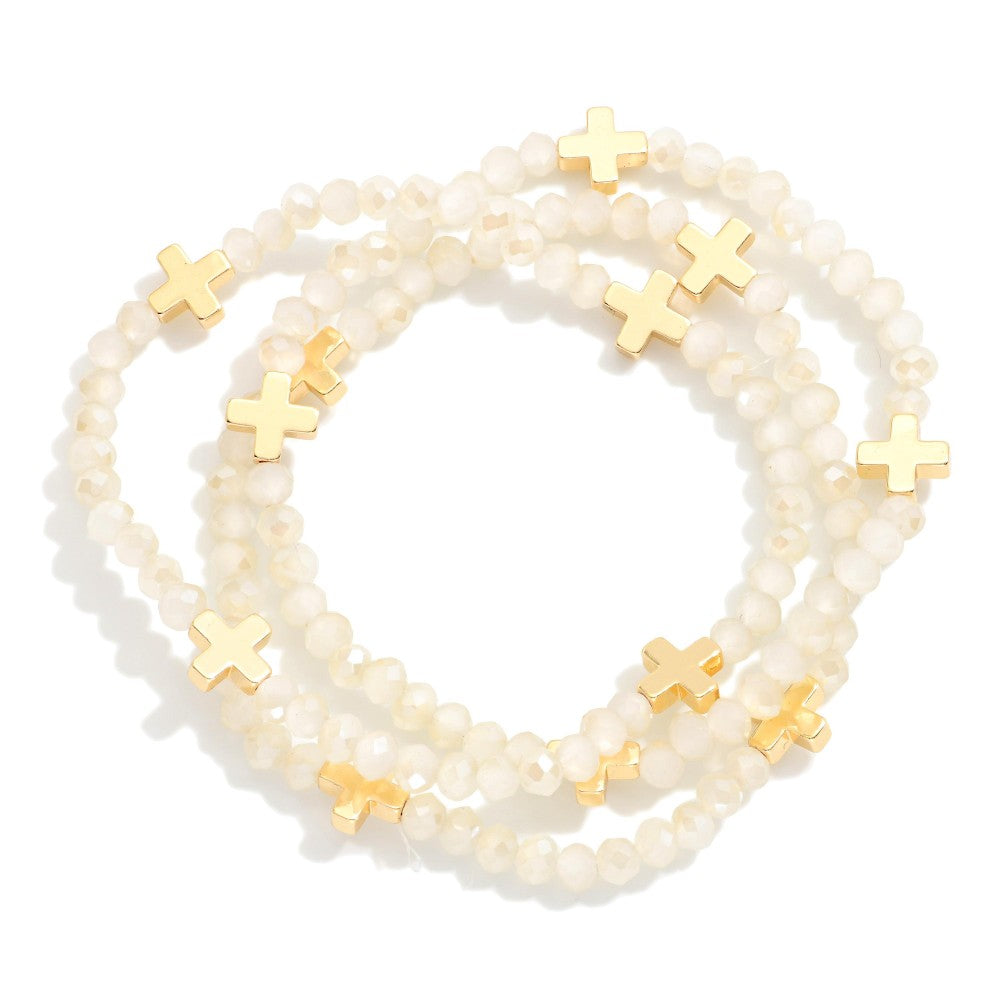 SET OF 3 IVORY BEADED WITH CROSS BRACELETS