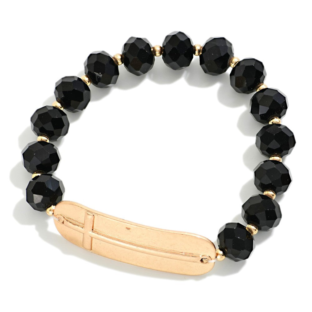 Bead Beaded Stretch Bracelet With Cross - Black