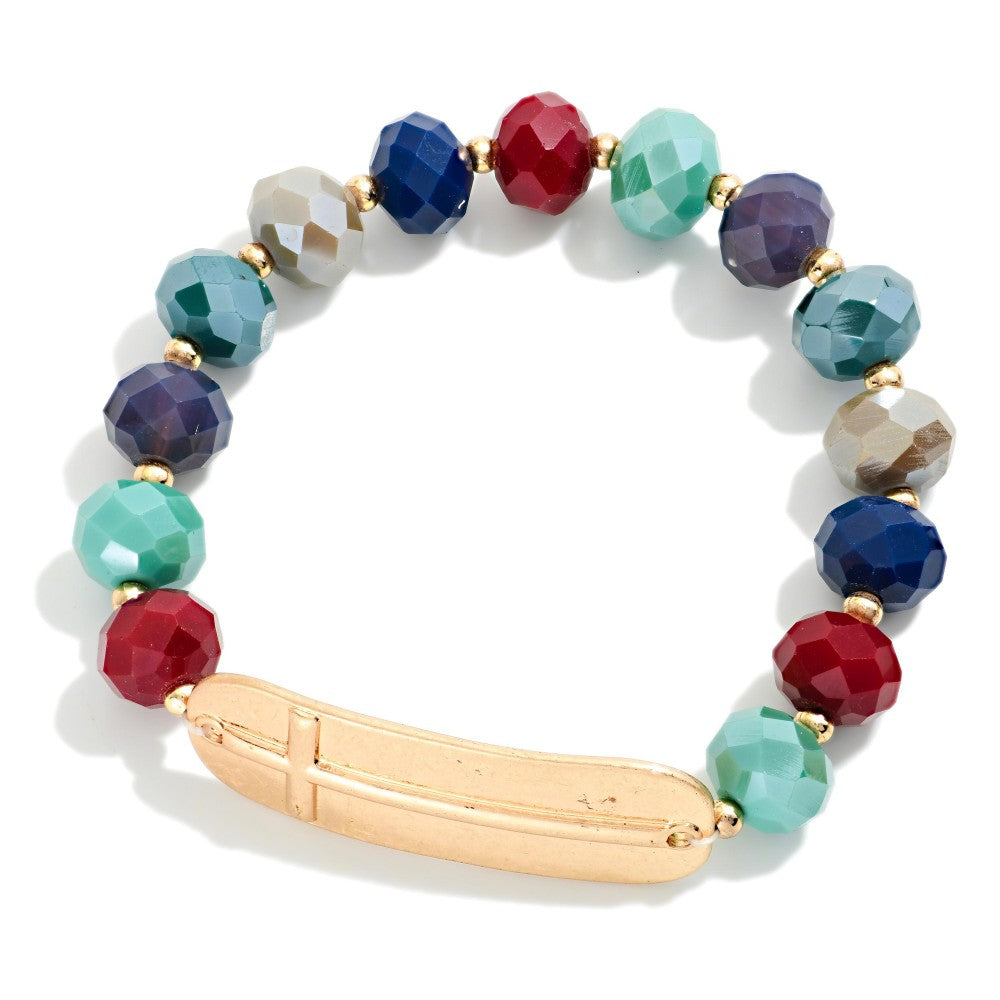 Bead Beaded Stretch Bracelet With Cross - Multi