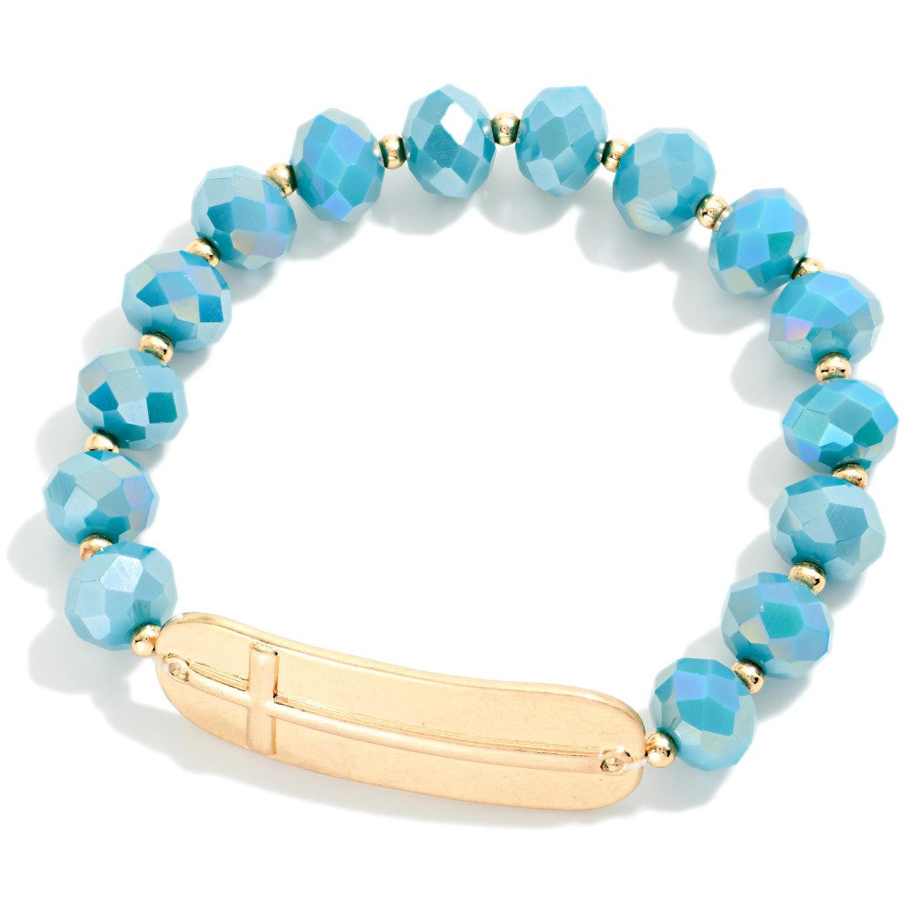 Bead Beaded Stretch Bracelet With Cross - Turquoise