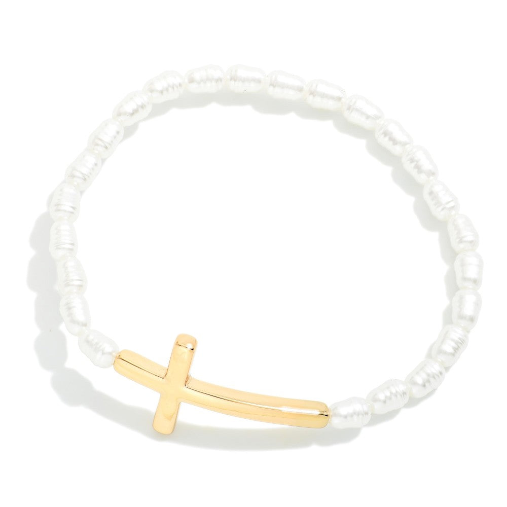 Ringed Pearl Beaded Stretch Bracelet with Cross