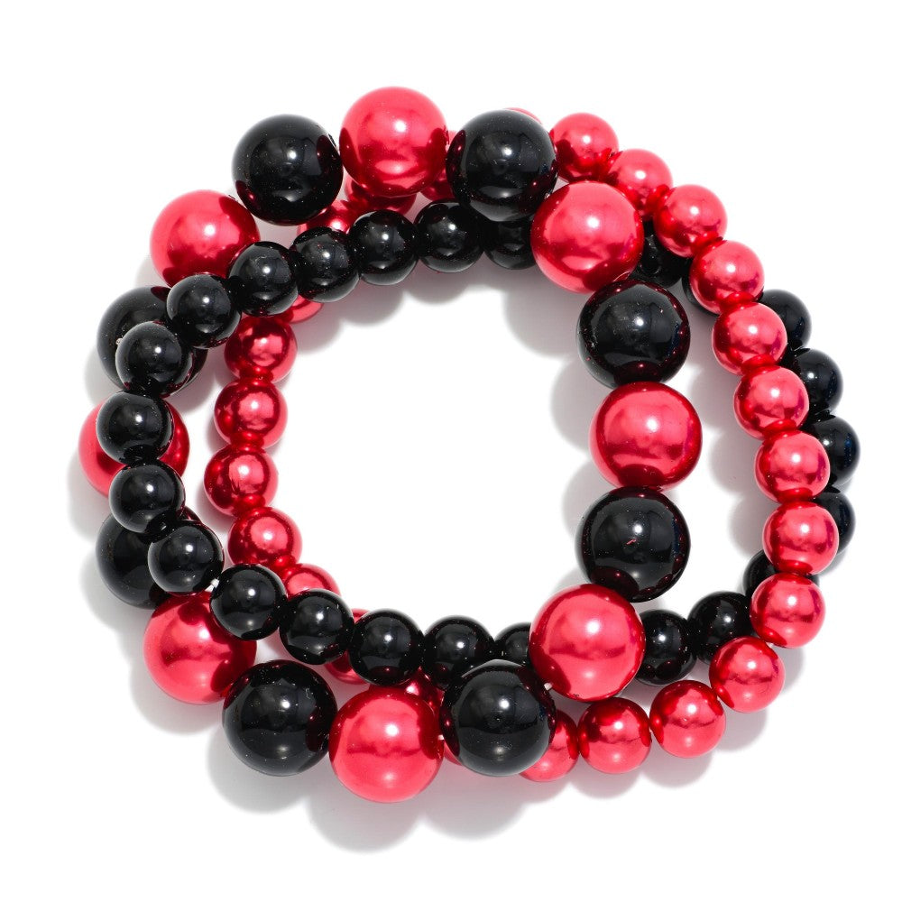 Metallic Game Day Big Beaded Stretch Bracelets - Red/Black